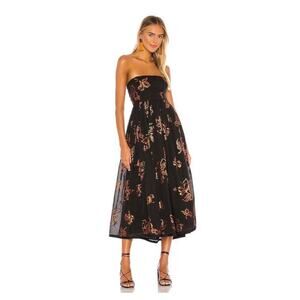 Free People Baja Babe Black Floral Print Strapless Tie Back Midi Dress Med NWT